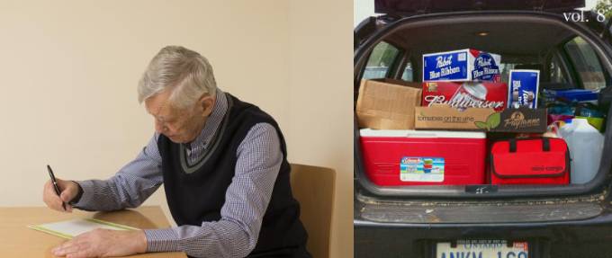 Old man making list beside packed car trunk