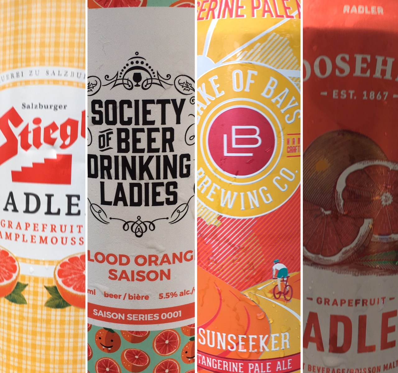 4 citrus beers: Lake Of Bays Sunseeker Tangerine, Moosehead Grapefruit Radler, Stiegl Grapefruit Radler, Society Of Beer Drinking Ladies Blood Orange