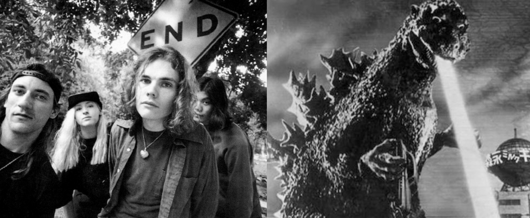 Smashing Pumpkins standing under a tree near a traffic sign that says "end" juxtaposed to a picture of Godzilla