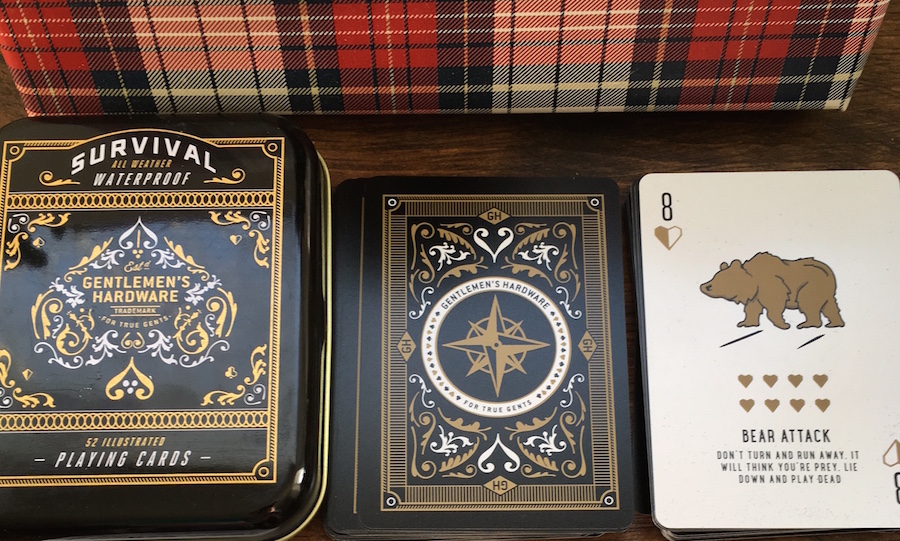Decorative playing cards with outdoor facts and survival tips