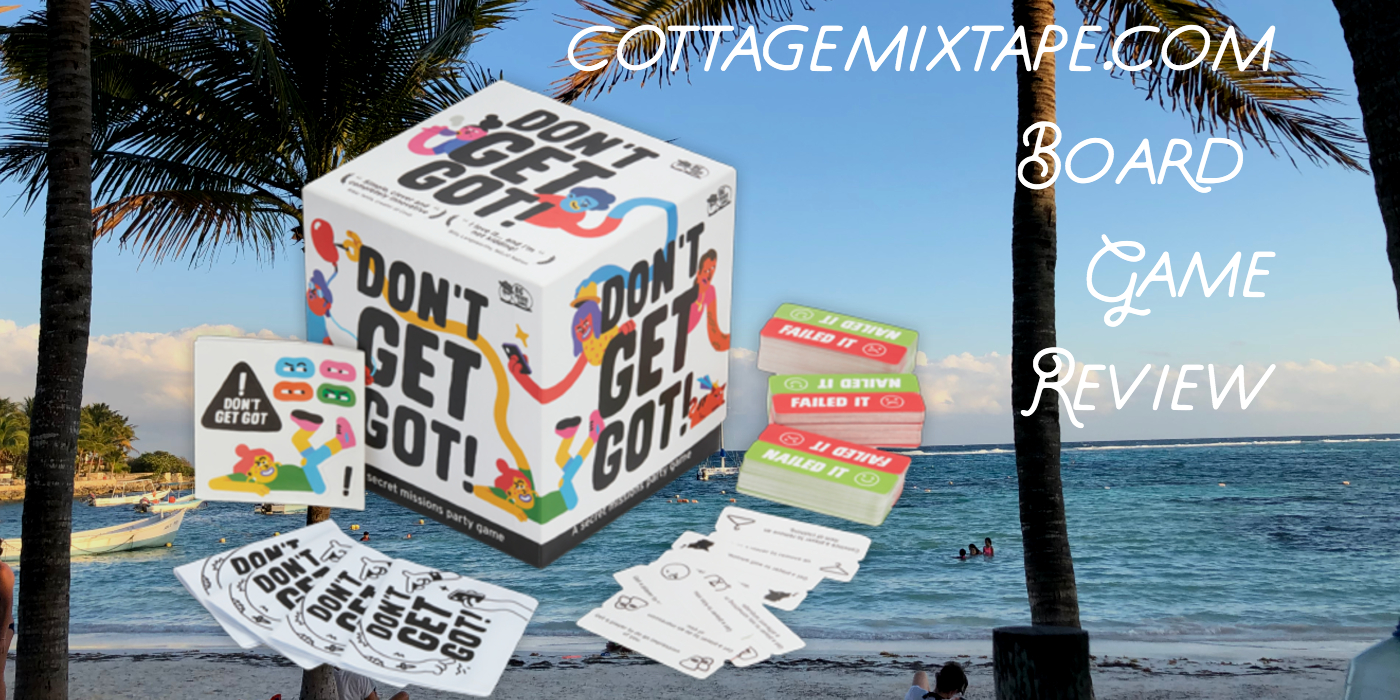 The Don't Get Got game box with playing cards superimposed on a Mexican Beach