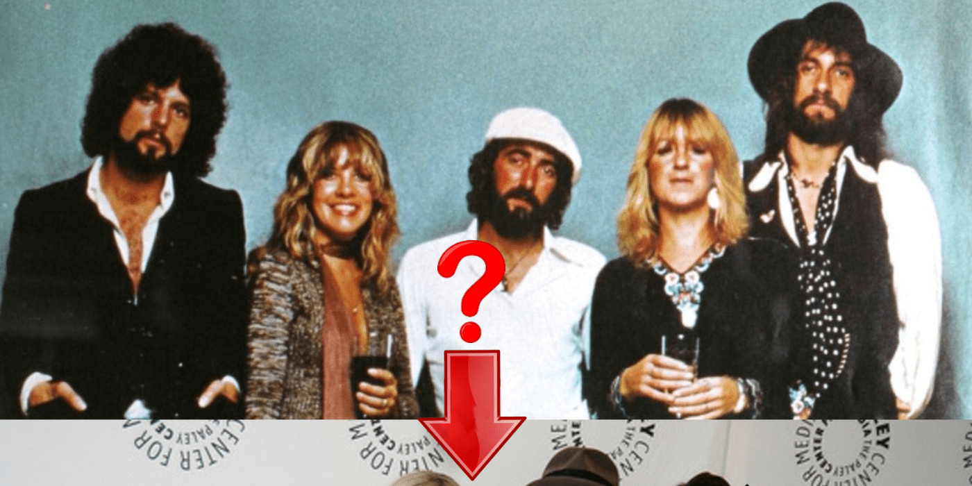 Band photo of Fleetwood Mac in the 70s, with a question mark and arrow pointing down to the top of another cut off picture