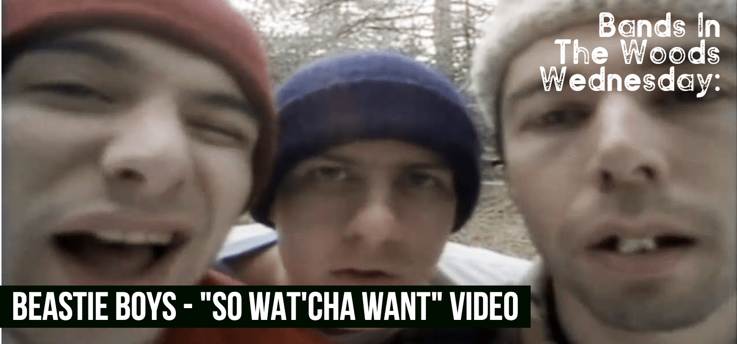 Beastie Boys staring at the camera in the woods from "So What You Want" Video
