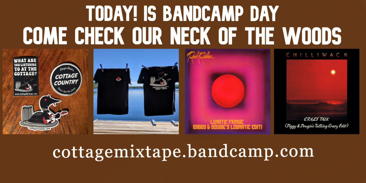 Banner for Cottage Country Mix bandcamp sale including stickers, T-shirts and song edits on sale