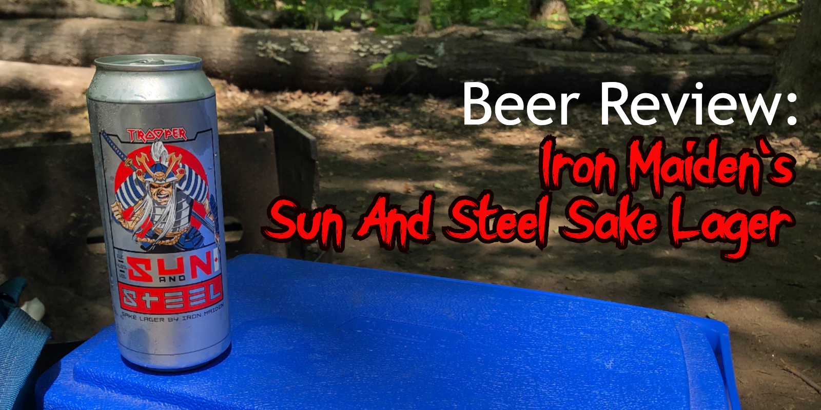 A frosty silver can of beer sits on a cooler in the woods