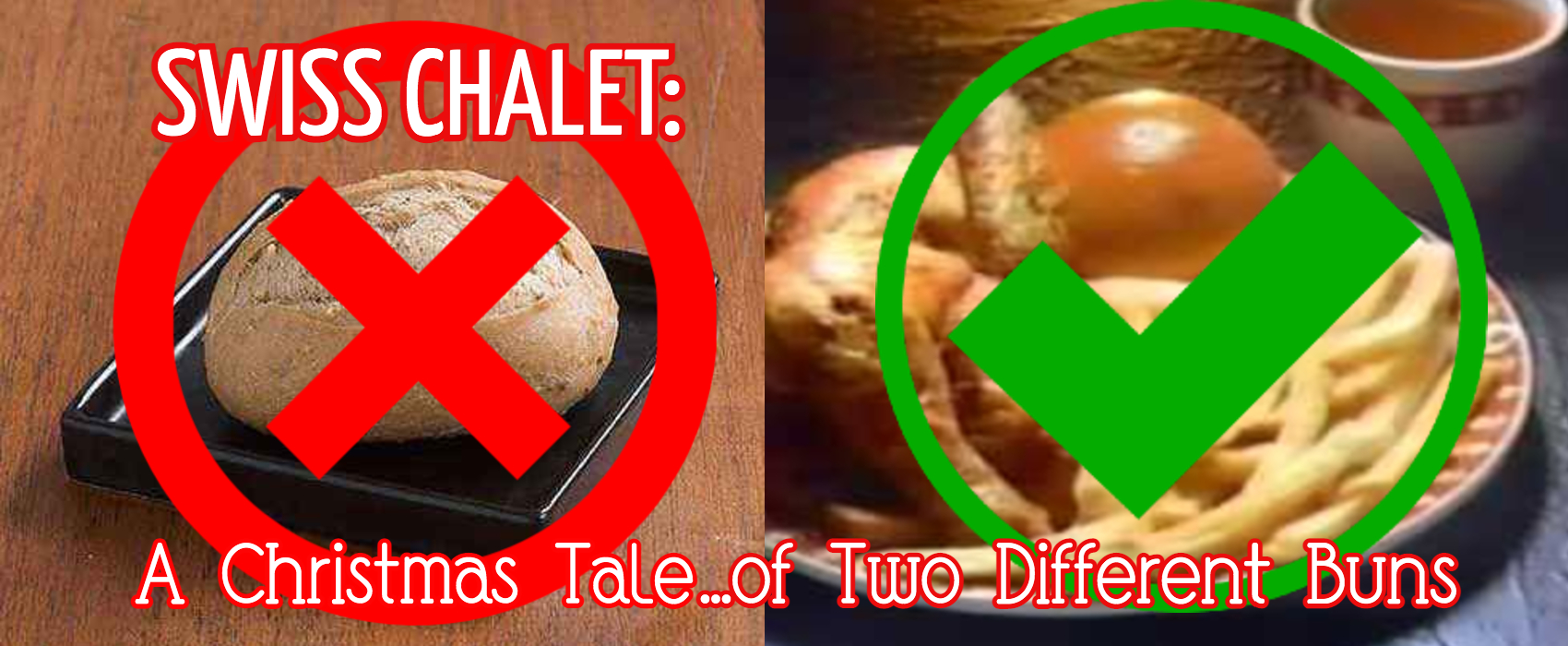 A old stale looking bun with an X through it, and a round shiny bun with a checkmark