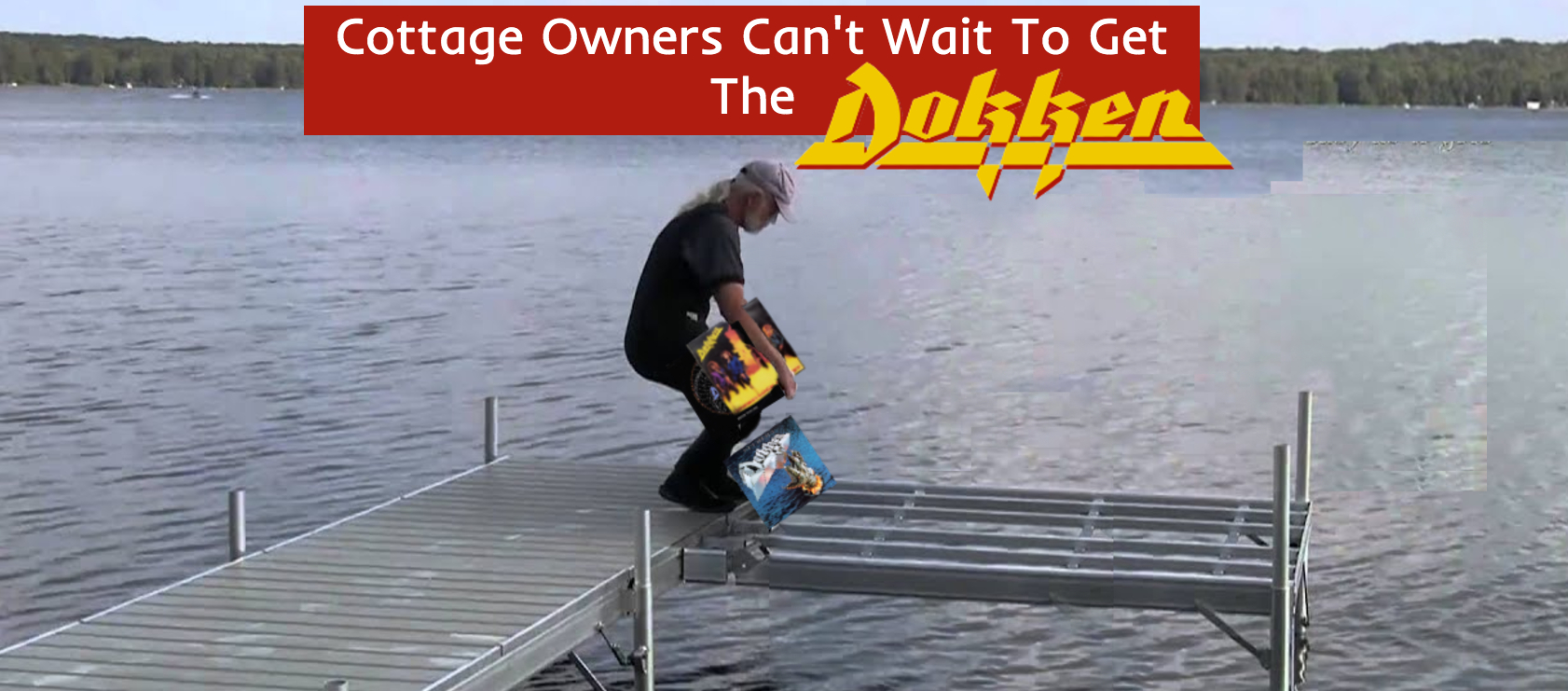 Older man carrying out Dokken records to the incomplete end of the dock. Clearly a dock piece was replaced in photoshop